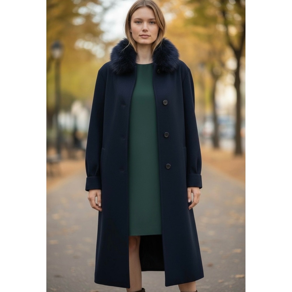 Montreal Vintage Pure Virgin Wool Fur Collar Swing Coat Size 5-6 Navy Blue